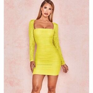 House of CB Valentina Yellow Long Sleeve Ruched Organza Mesh Mini Dress Size XS
